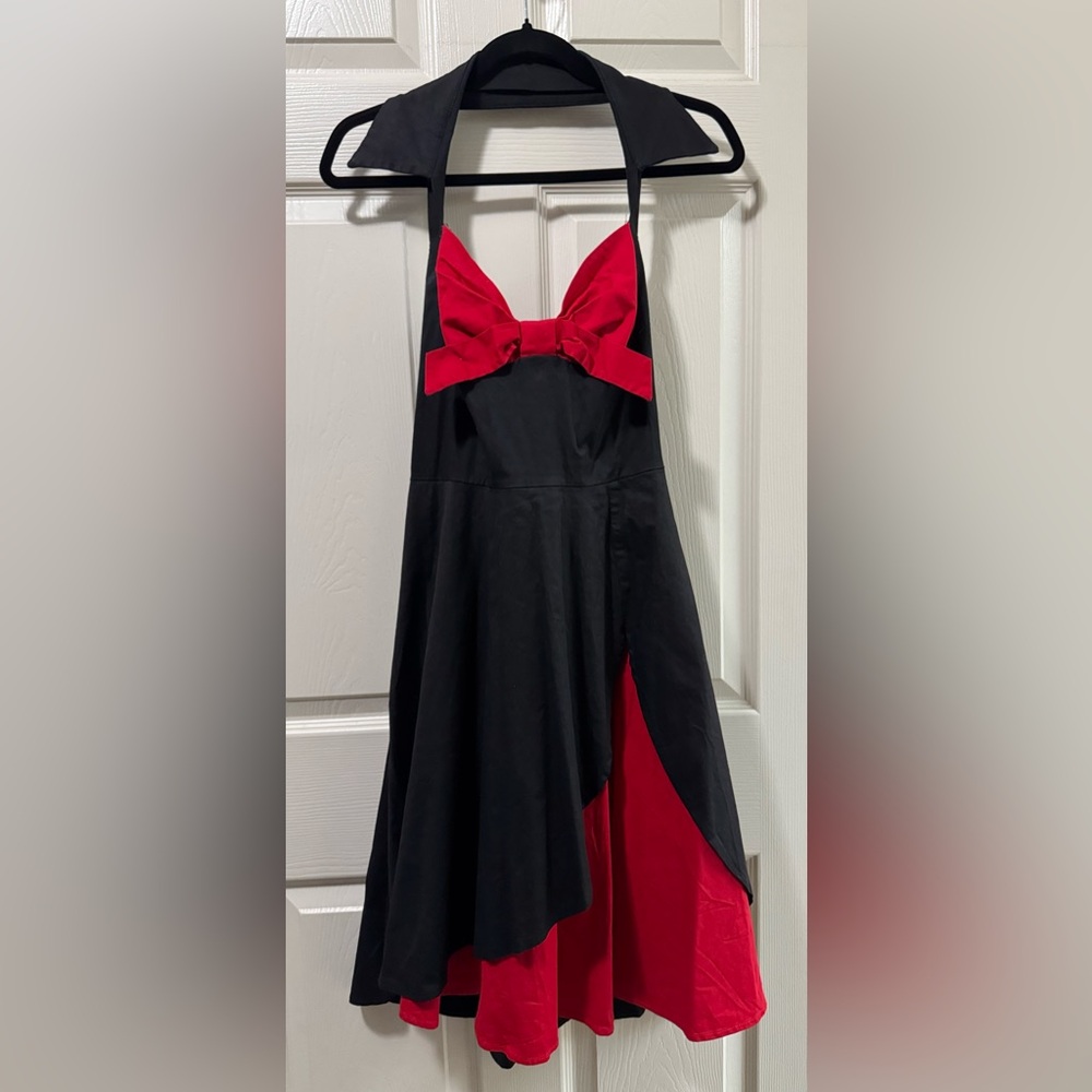 Collared black halter Dress with Red Bow Detail